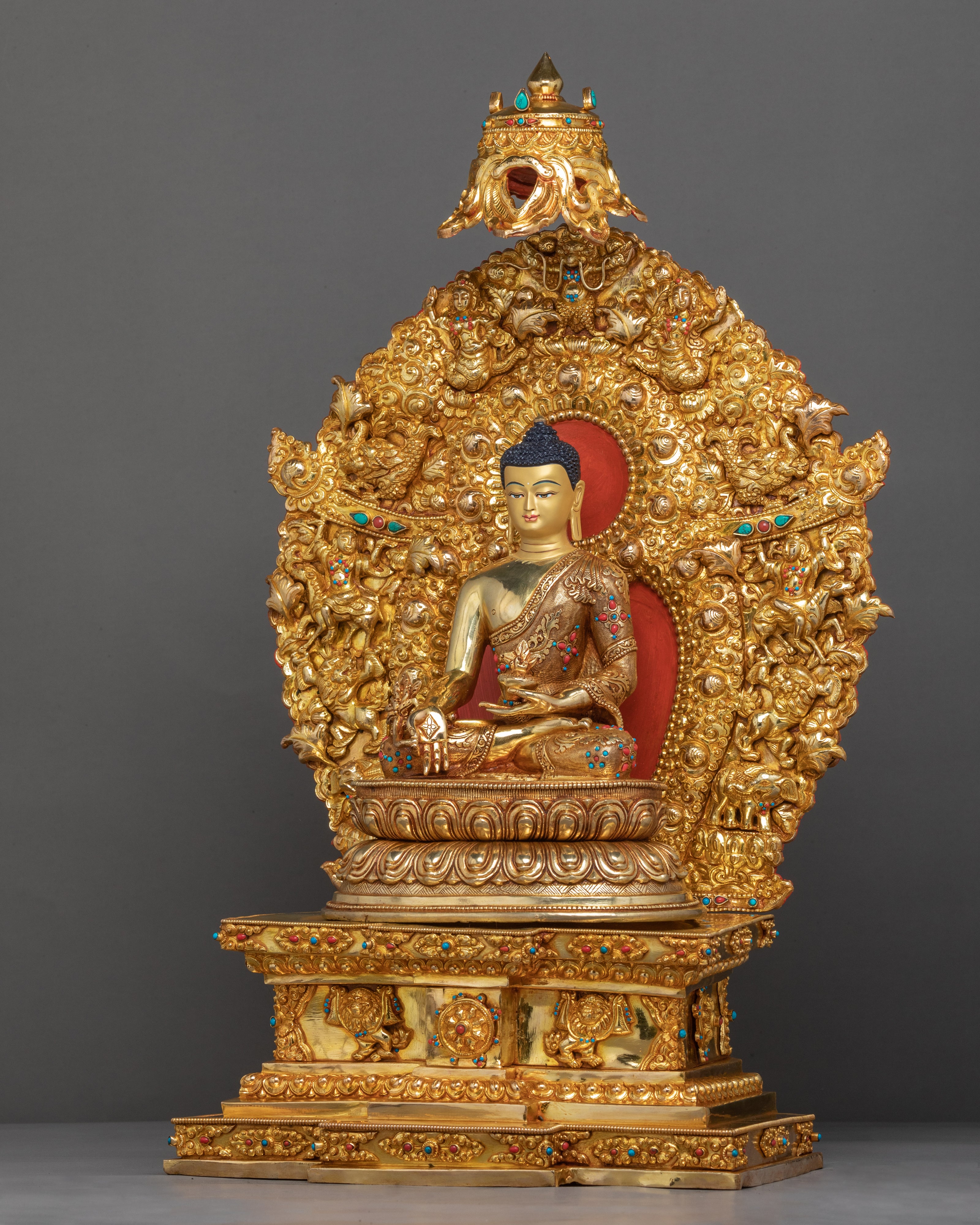 Medicine Buddha Figurine Seated Upon Throne | Gold Gilded Sculptures