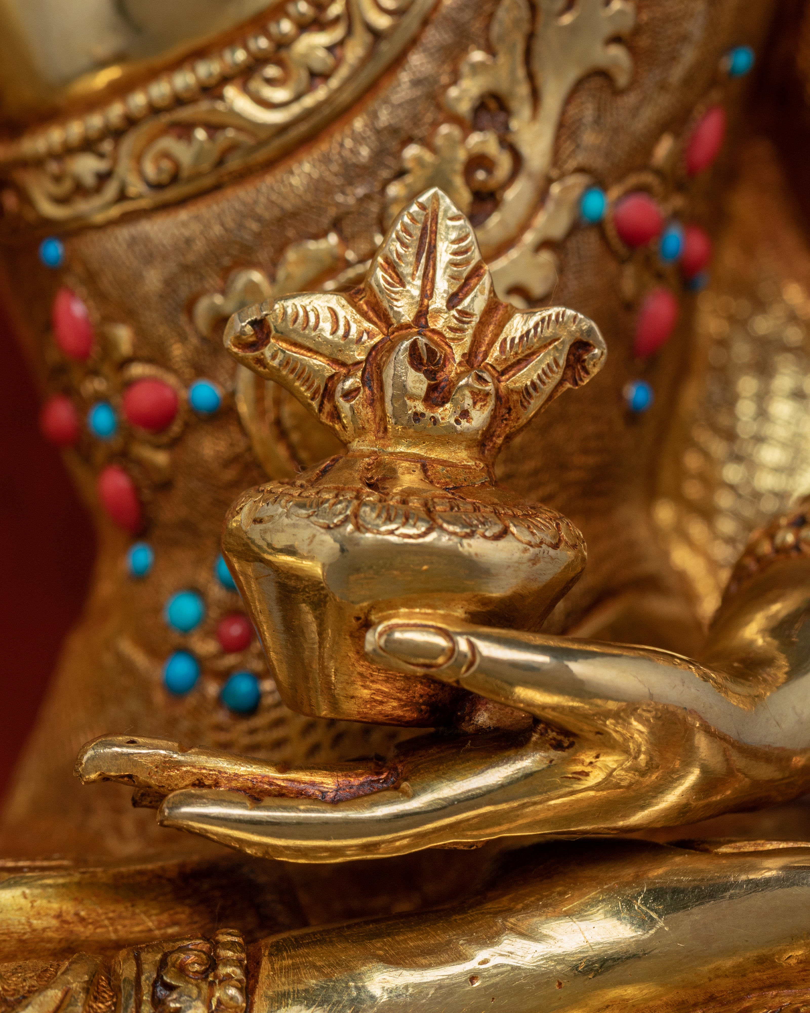 Medicine Buddha Figurine Seated Upon Throne | Gold Gilded Sculptures