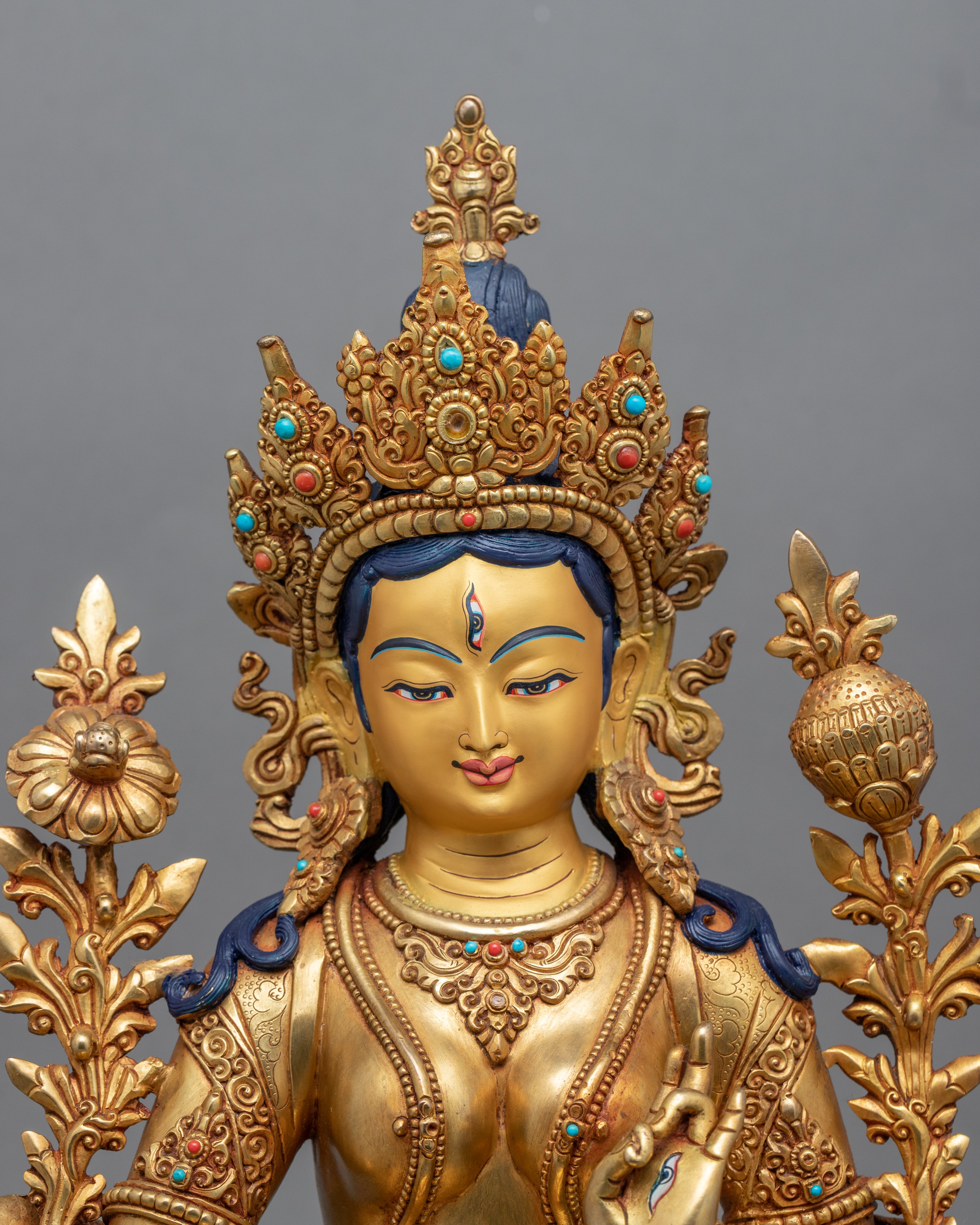 Gold-Gilded White Tara Figurine | Traditionally Hand-Carved Buddhist Deity