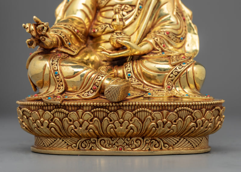 24K Gold Gilded Statue To Practice Guru Rinpoche Mantra In Tibetan | Lotus Born Master Art