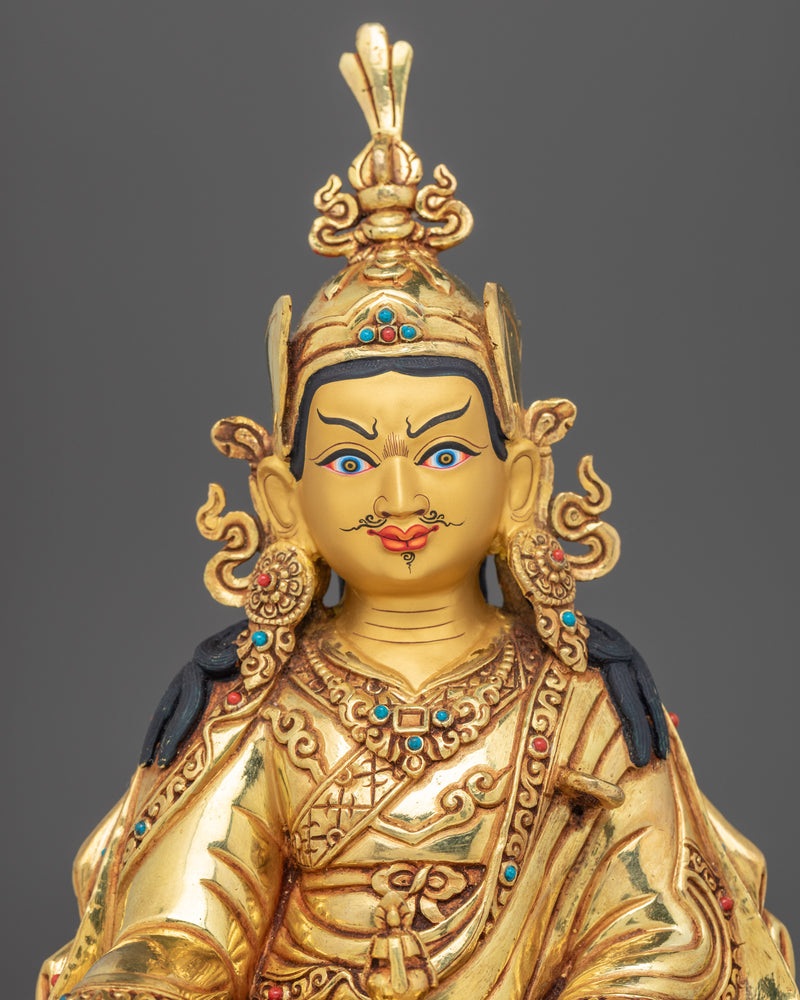 24K Gold Gilded Statue To Practice Guru Rinpoche Mantra In Tibetan | Lotus Born Master Art