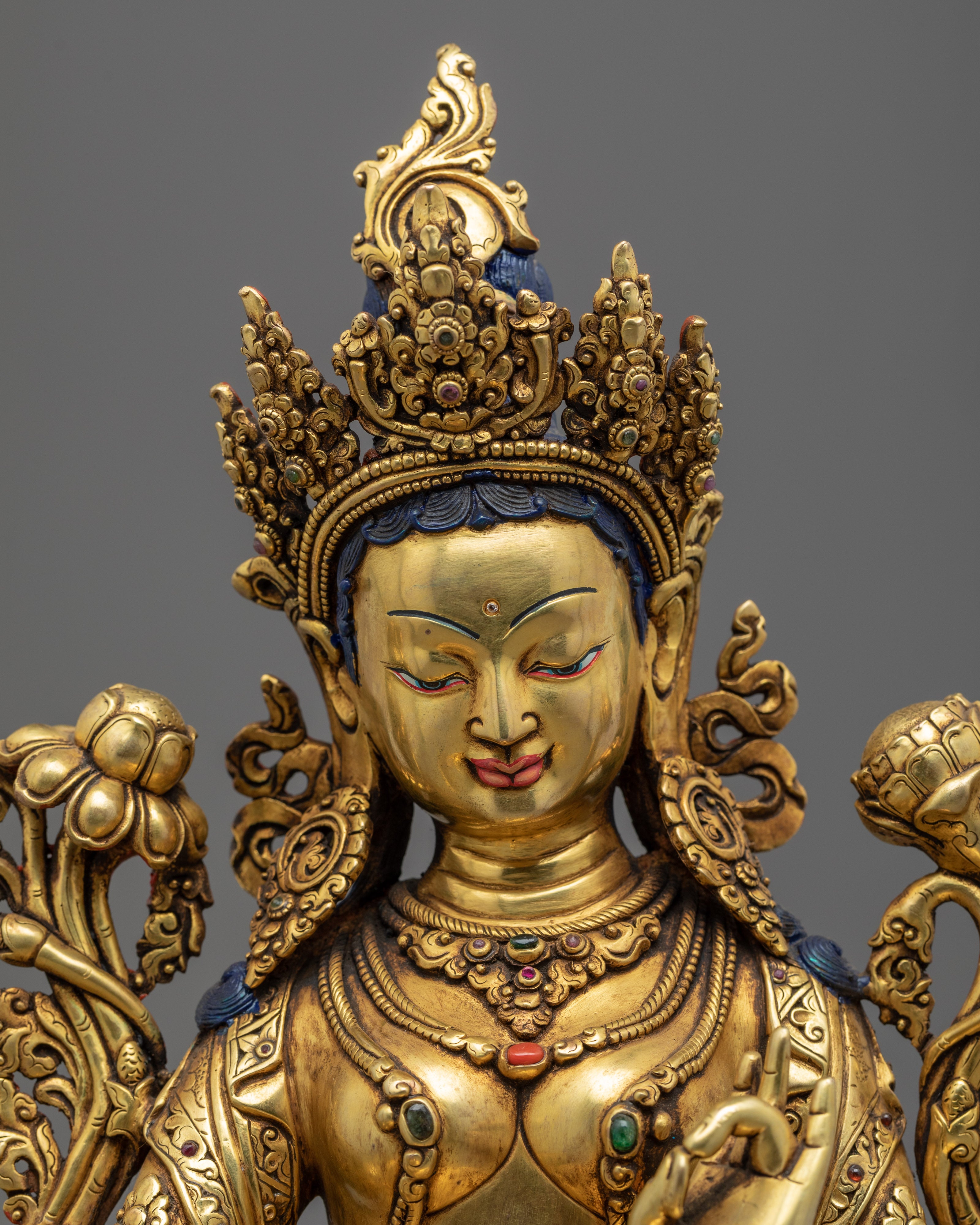 Green Tara Devi Statue | Gold Gilded Statue For Meditation