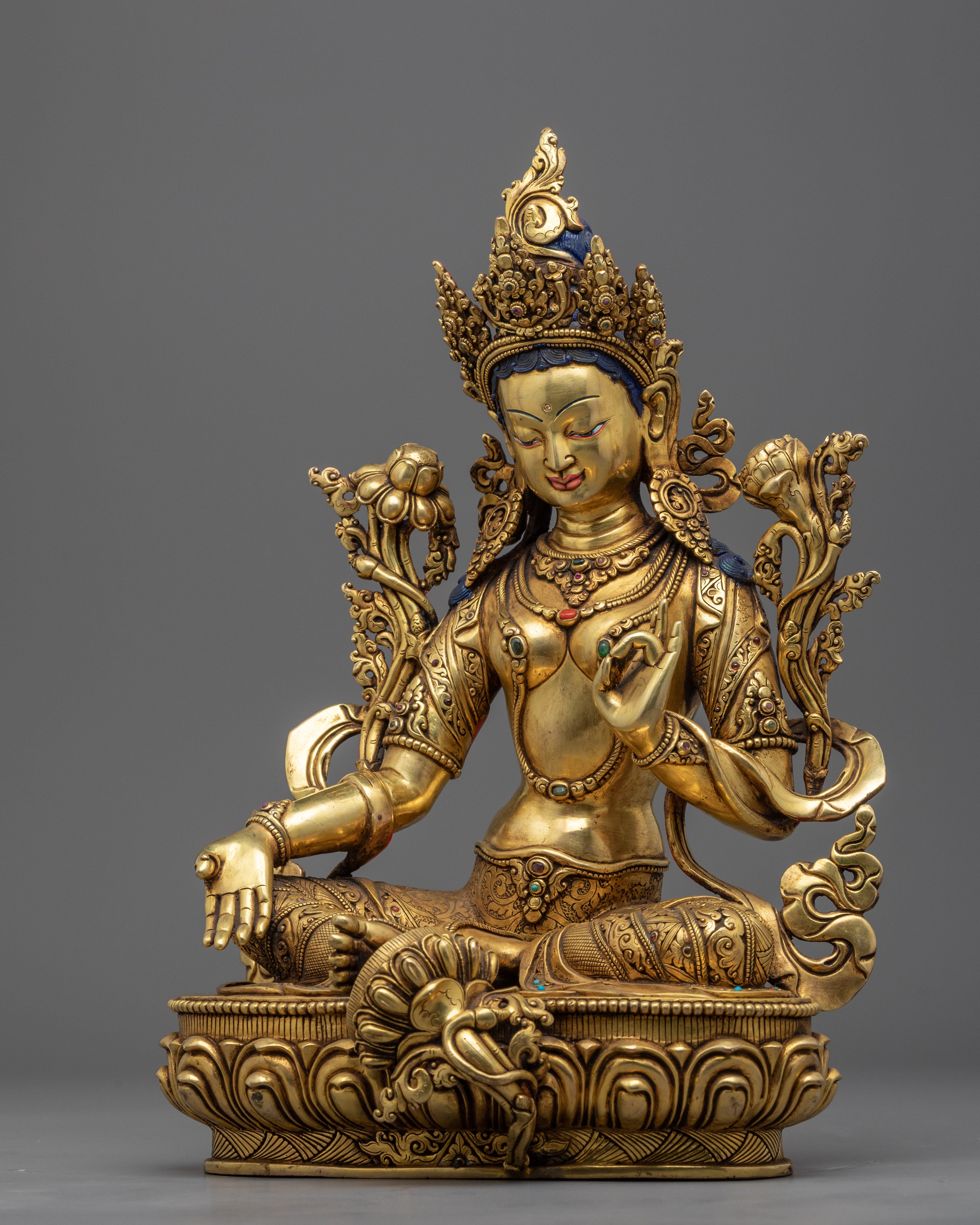 Green Tara Devi Statue | Gold Gilded Statue For Meditation