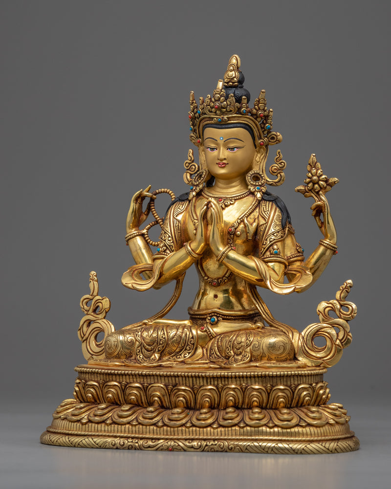 Buddhist Four-Arm Chenresig Statue | 24K Gold Hand-Carved Sculpture