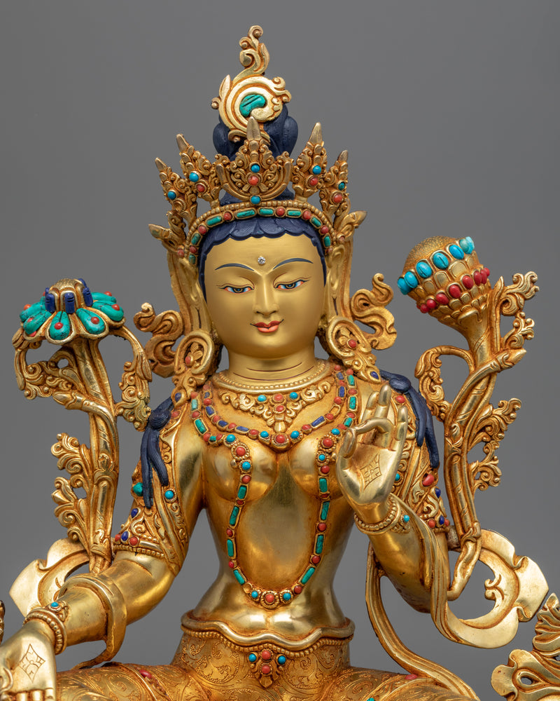 Himalayan Tibetan Green Tara Chant Statue | Traditional Buddhist Art Of Mother Tara