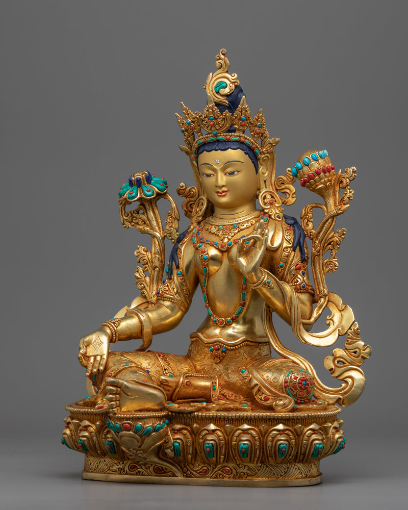 Himalayan Tibetan Green Tara Chant Statue | Traditional Buddhist Art Of Mother Tara