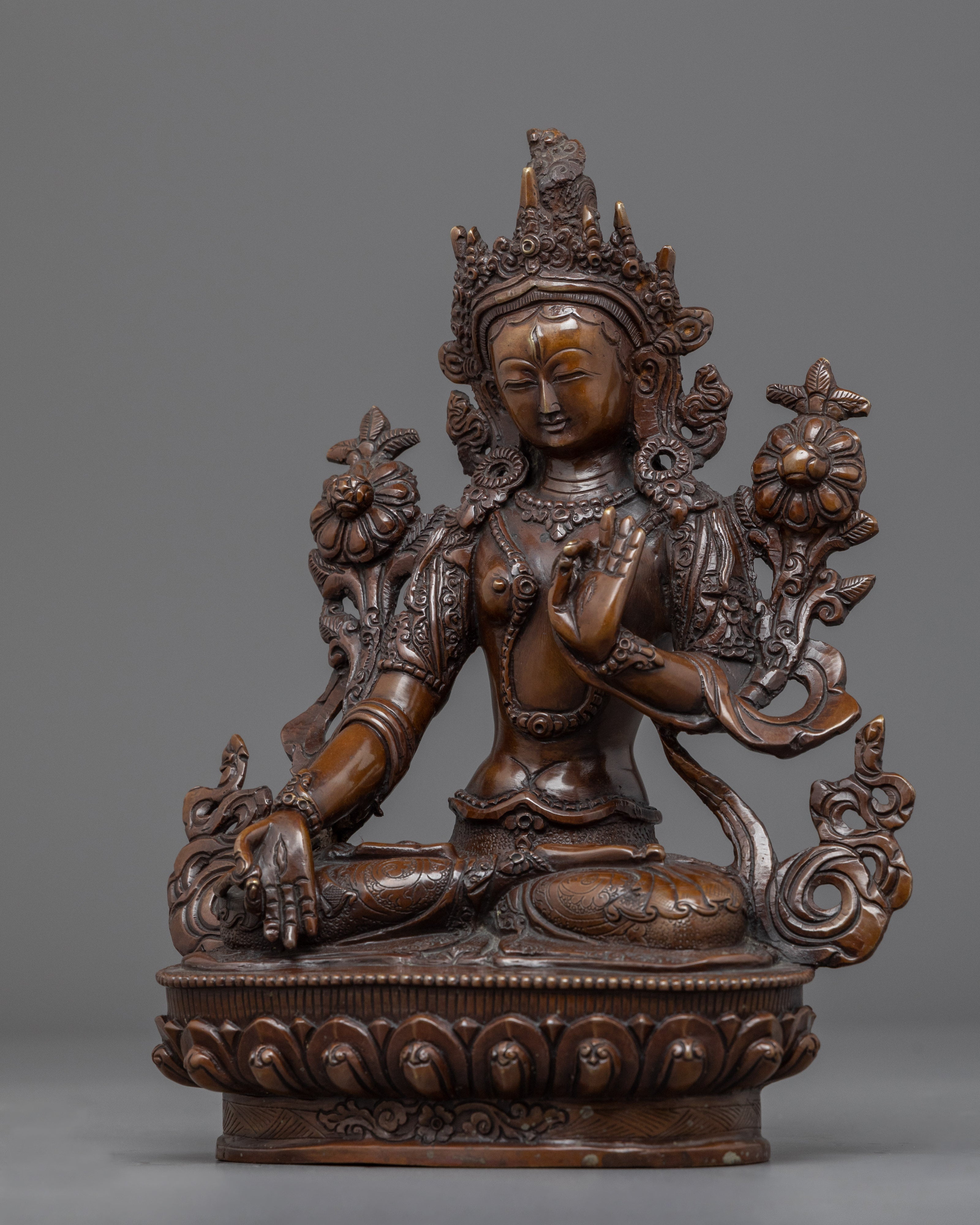 Hand-Carved White Tara Goddess Sculpture | Tibetan Oxidised Copper Sculpture