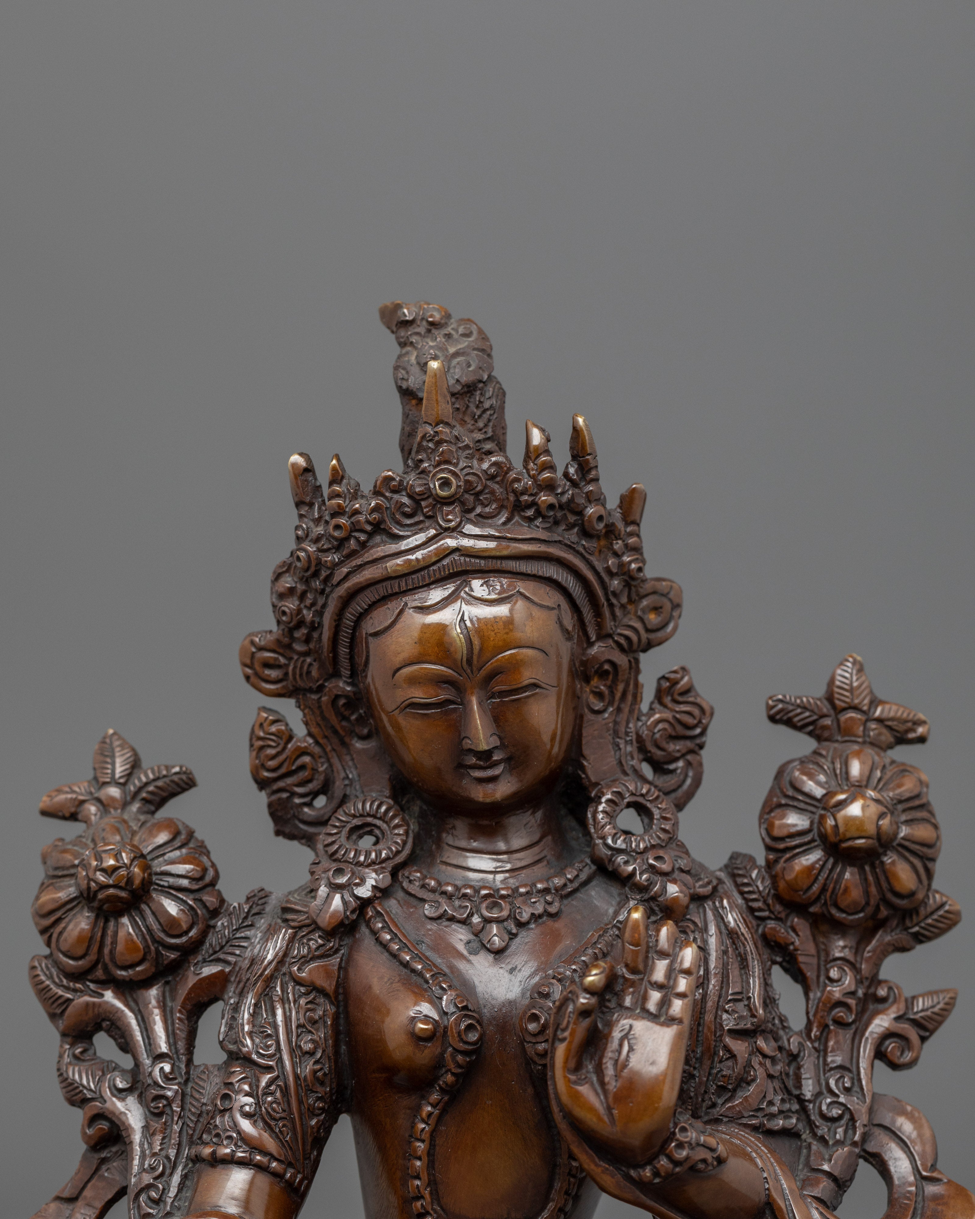 Hand-Carved White Tara Goddess Sculpture | Tibetan Oxidised Copper Sculpture