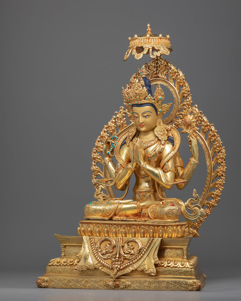 Tibetan Chenrezig Statue | Traditionally Gold Gilded Artwork