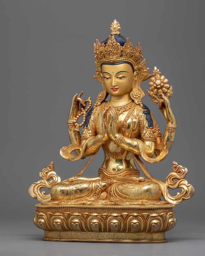 Golden Statue For 4 Arm Chenrezig Practice | Traditionally Made Art