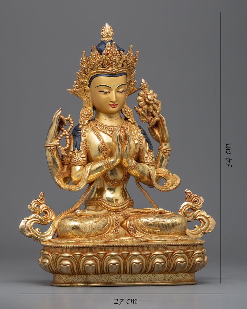 Golden Statue For 4 Arm Chenrezig Practice | Traditionally Made Art