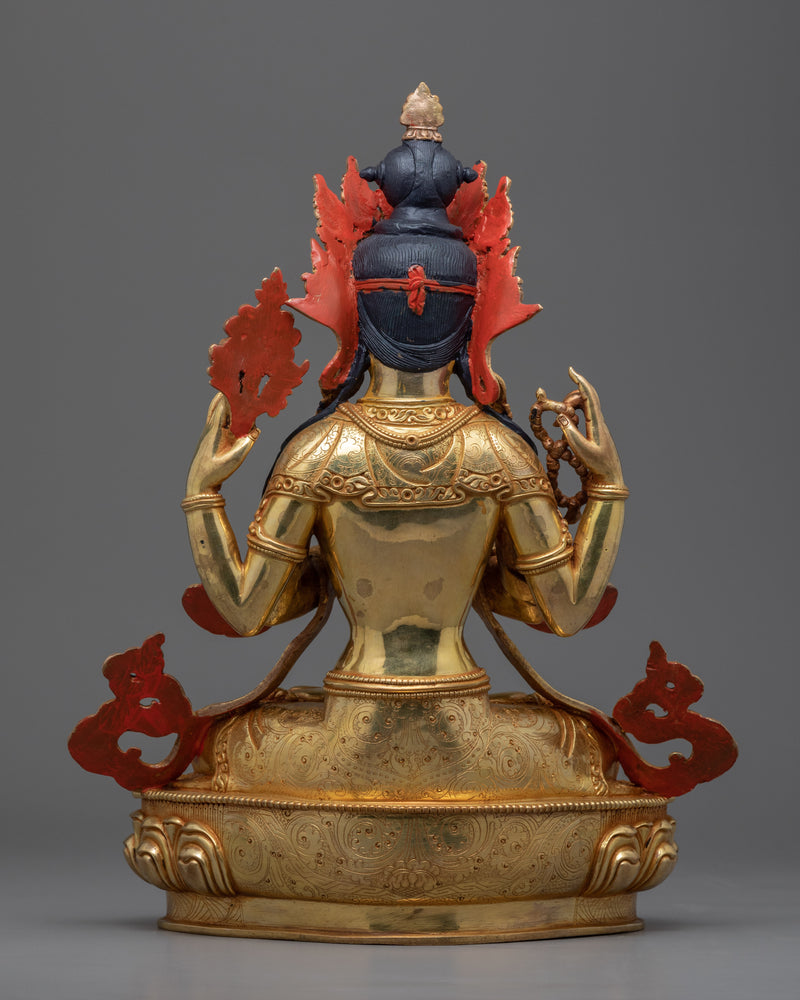 Golden Statue For 4 Arm Chenrezig Practice | Traditionally Made Art