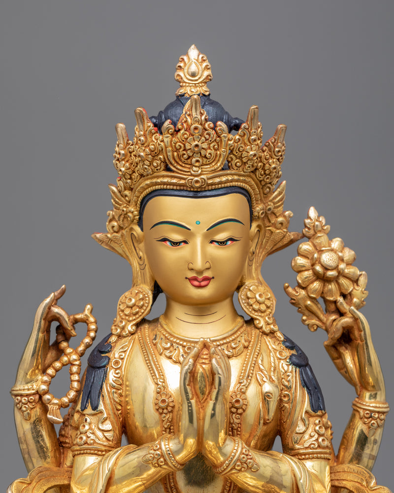 Golden Statue For 4 Arm Chenrezig Practice | Traditionally Made Art