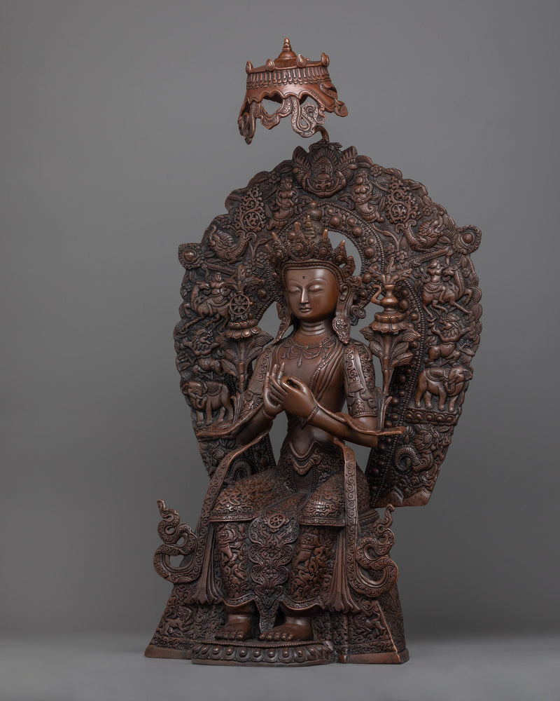 Statue of Maitreya Buddha on a Magnificent Throne | Handmade Copper Art