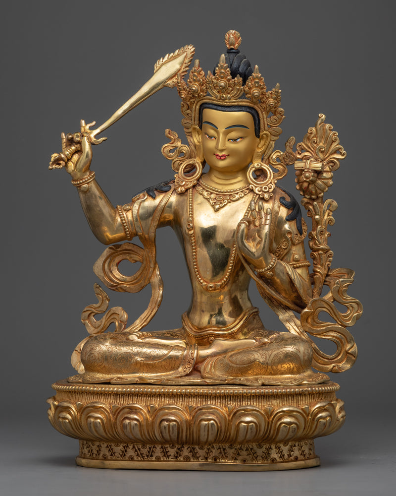 Gold Gilded Manjushri Meditation Practice Statue | Traditional Bodhisattva Art