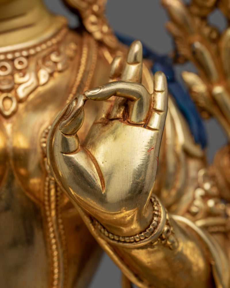 Hand Carved Green Tara Bodhisattva Statue | Gold Plated Buddhist Art