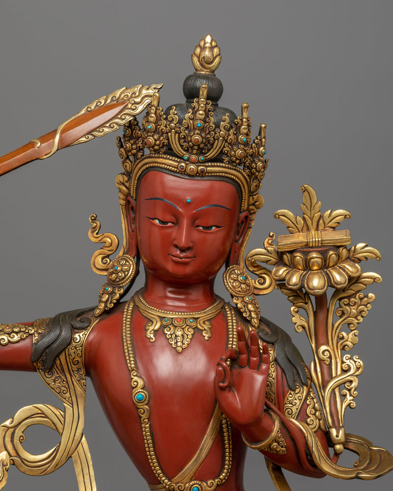 Gold Gilded Manjushri Bodhisattva Mantra Practice Statue | Bodhisattva Statue for Rituals and Meditation