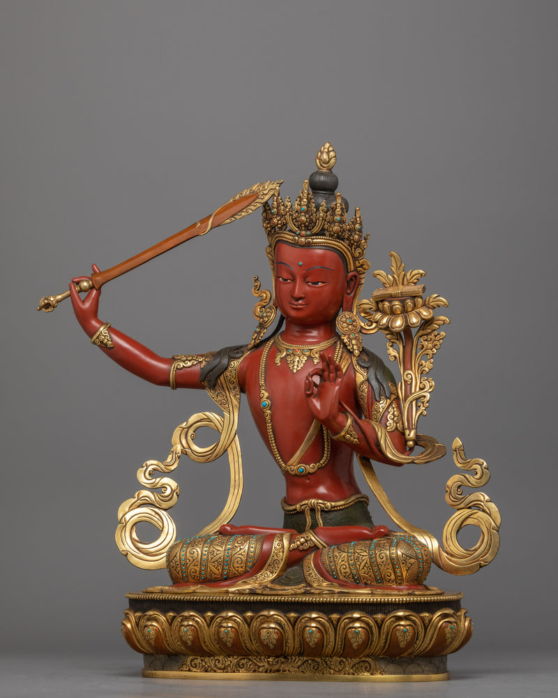 Gold Gilded Manjushri Bodhisattva Mantra Practice Statue | Bodhisattva Statue for Rituals and Meditation