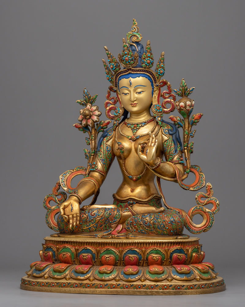 Female Bodhisattva White Tara Statue | Gold Gilded Buddhist Statue