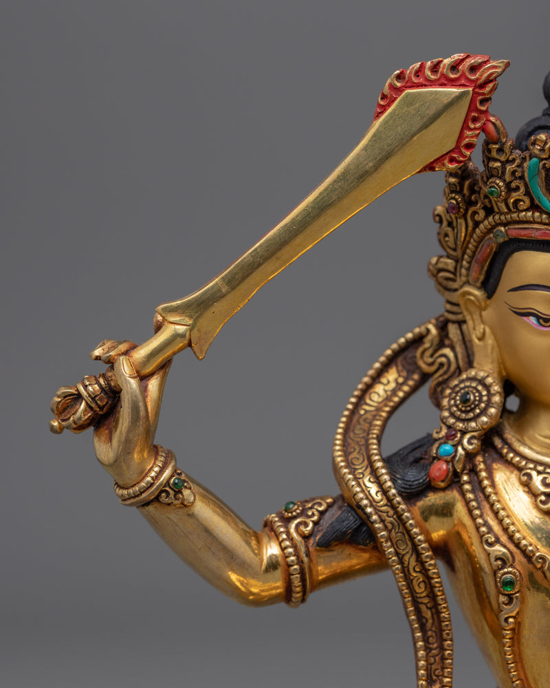 Genuine Gold Gilded Bodhisattva of Wisdom, Manjushri Statue | Hand-Carved Bodhisattva Statue