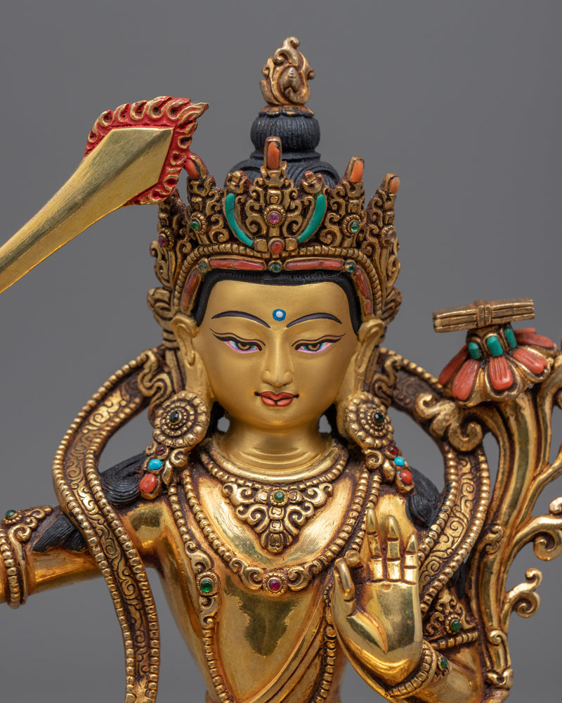 Genuine Gold Gilded Bodhisattva of Wisdom, Manjushri Statue | Hand-Carved Bodhisattva Statue