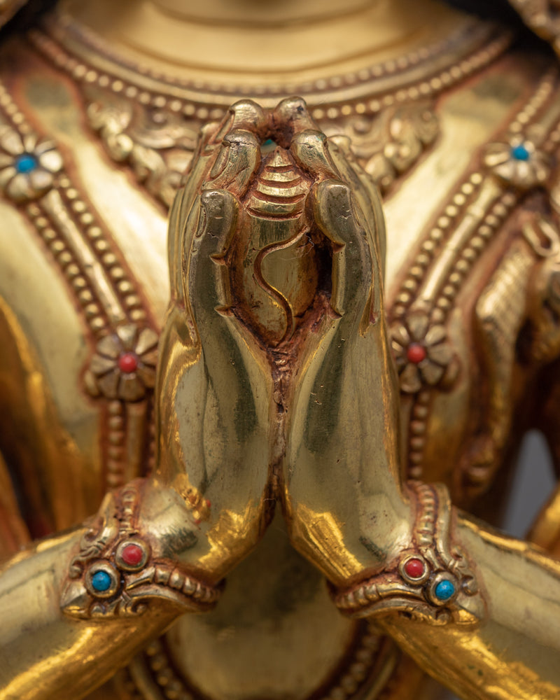 4 armed Chenrezig Bodhisattva Statue | Traditional Hand Carved Buddhist Statue
