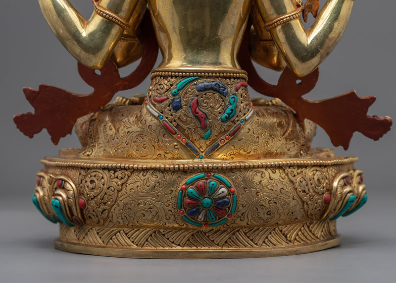 4 armed Chenrezig Bodhisattva Statue | Traditional Hand Carved Buddhist Statue