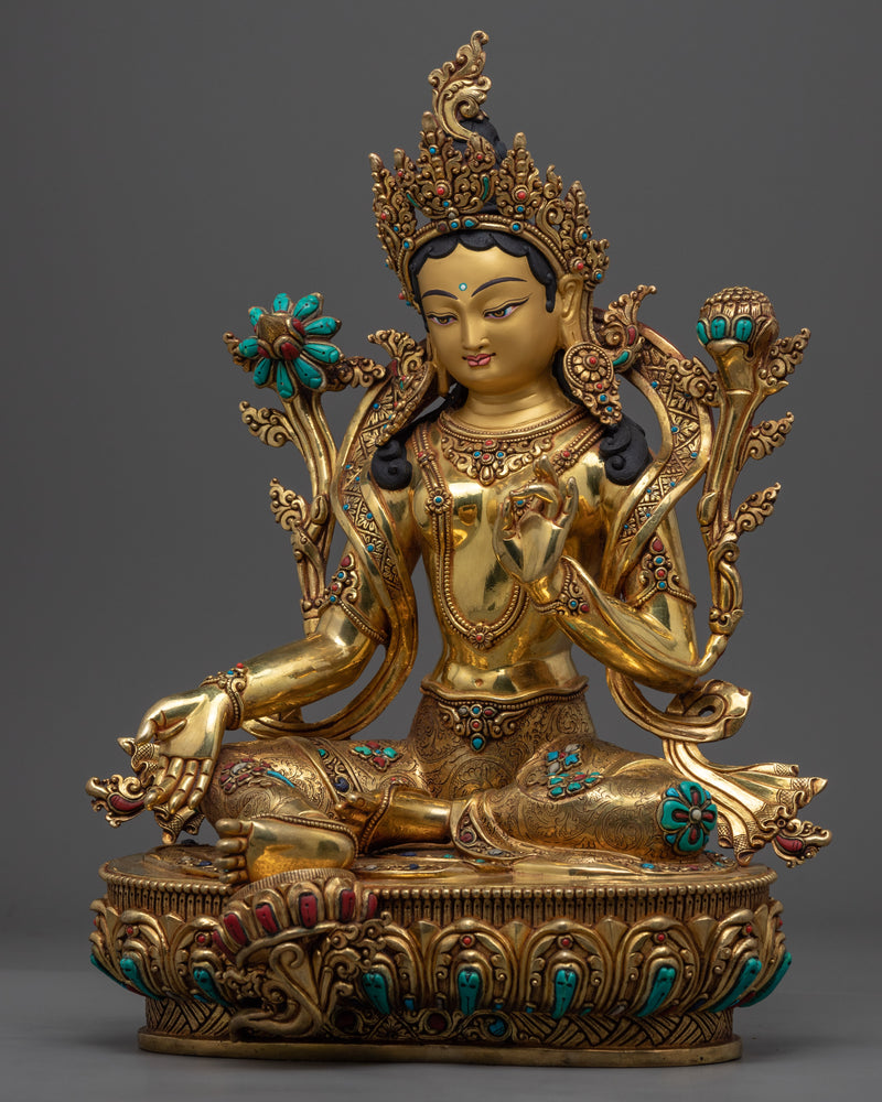 Deity of Compassion, Green Tara Gold Gilded Statue | Buddhist Statue for Meditation