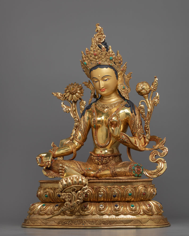 Large Green Tara Gold Statue | Handmade Sculpture of Mother Tara | Saviouress from all fears