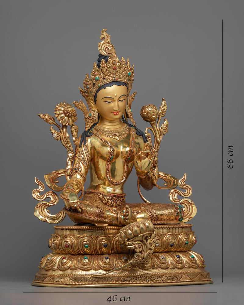 Large Green Tara Gold Statue | Handmade Sculpture of Mother Tara | Saviouress from all fears