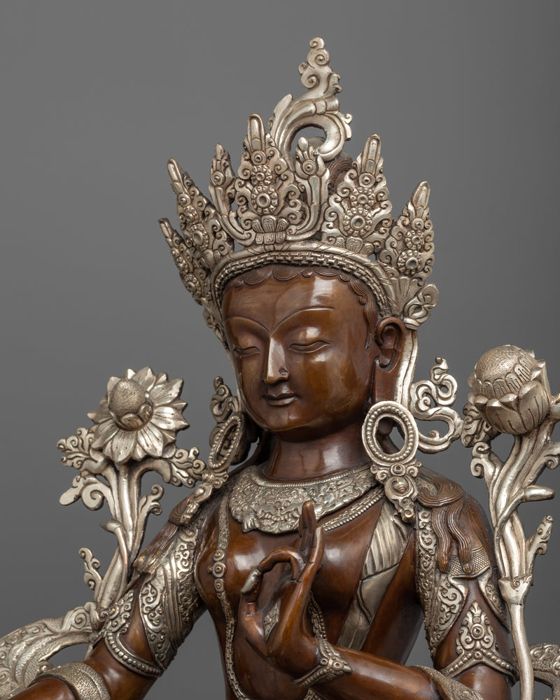 Green Tara Goddess of Compassion | Handmade Sculpture | Silver Plated