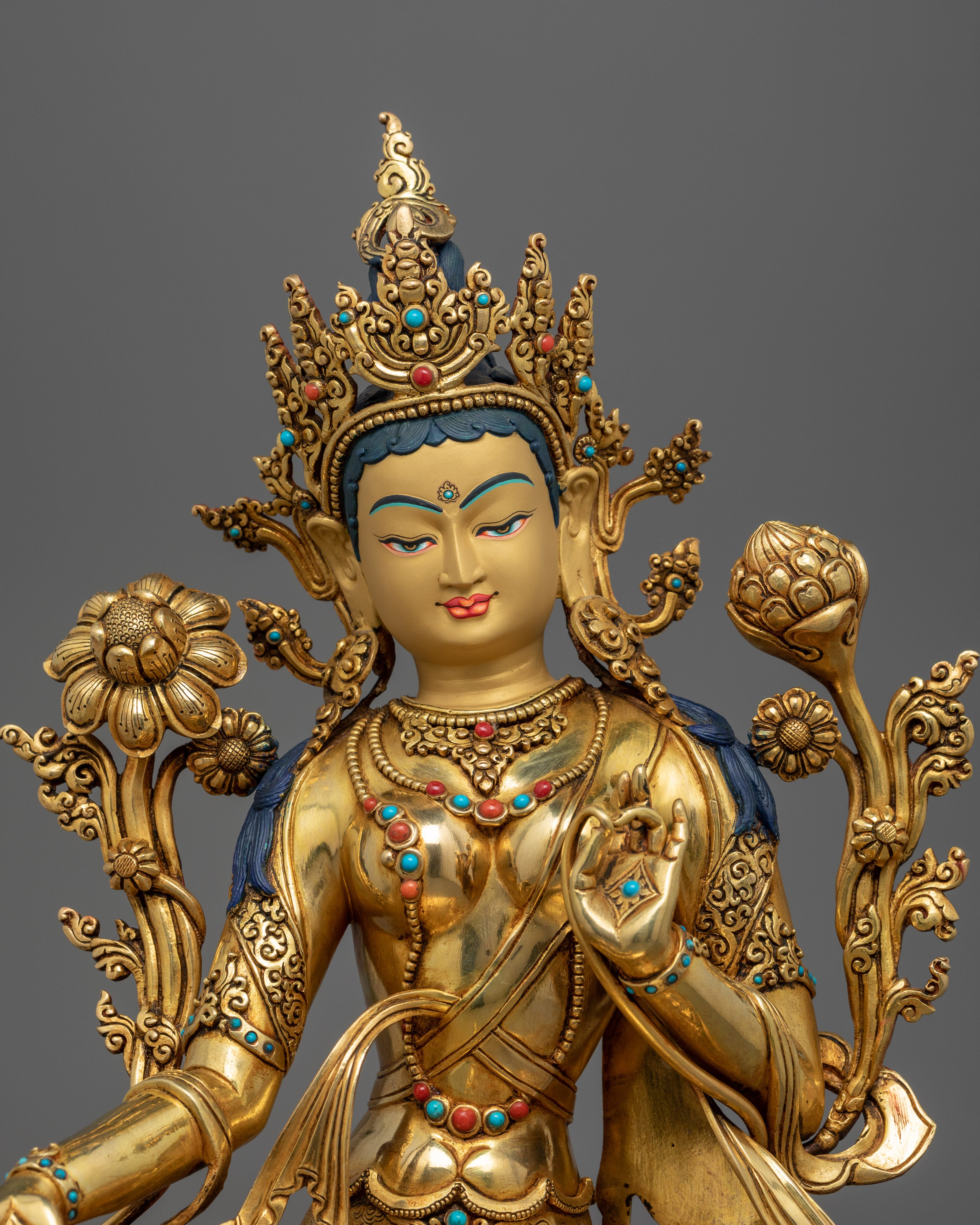 24K Gold Gilded Statue of Green Tara Bodhisattva | Buddhist Meditation Deity Sculpture