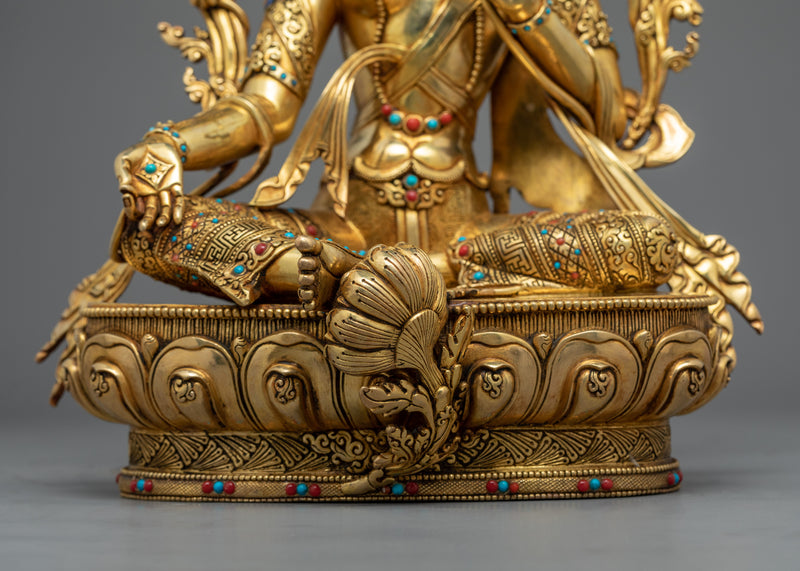 24K Gold Gilded Statue of Green Tara Bodhisattva | Buddhist Meditation Deity Sculpture