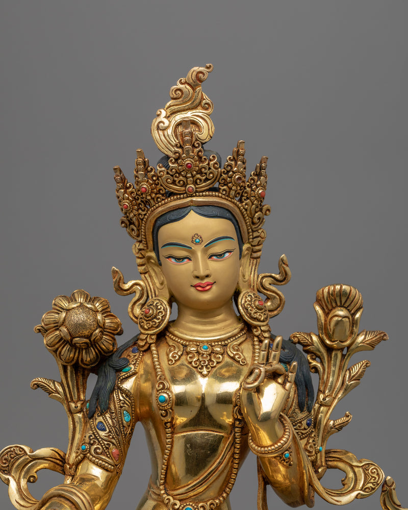 Genuine 24K Gold Gilded Green Tara Deity Statue | Female Bodhisattva Art