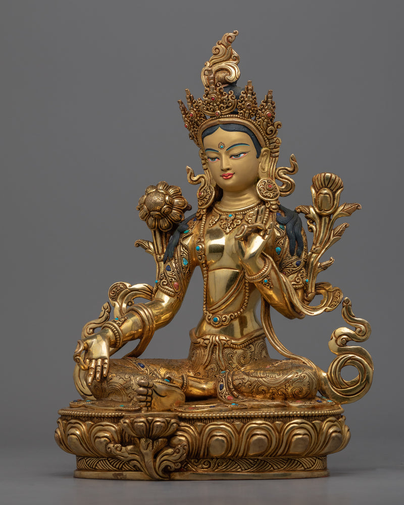 Genuine 24K Gold Gilded Green Tara Deity Statue | Female Bodhisattva Art