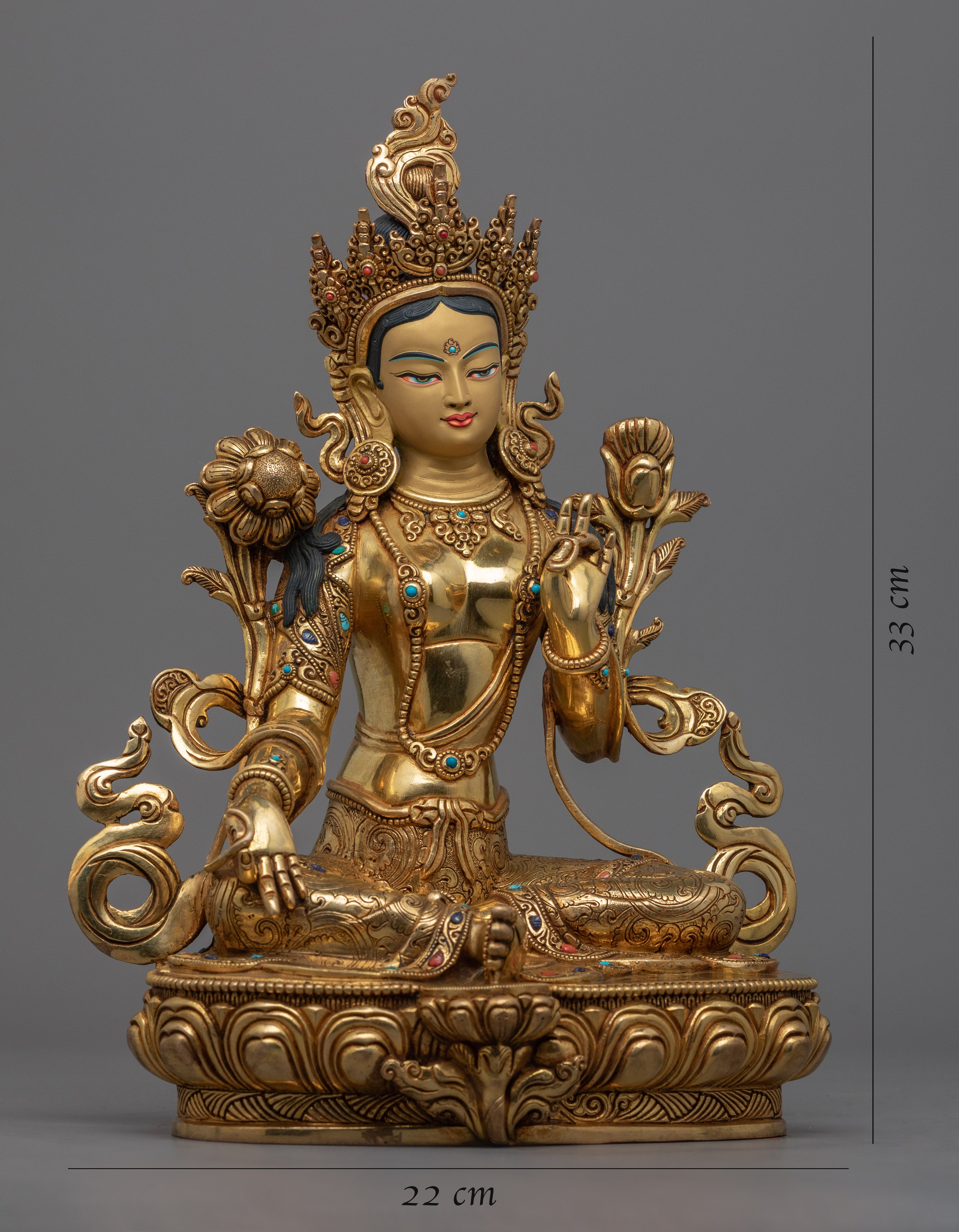 Genuine 24K Gold Gilded Green Tara Deity Statue | Female Bodhisattva Art