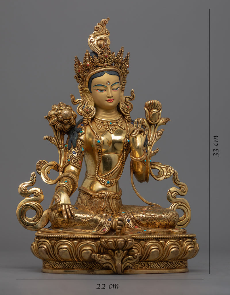 Genuine 24K Gold Gilded Green Tara Deity Statue | Female Bodhisattva Art