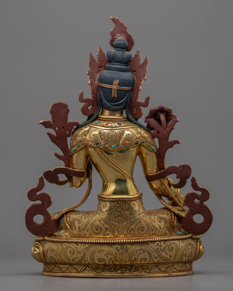 Genuine 24K Gold Gilded Green Tara Deity Statue | Female Bodhisattva Art