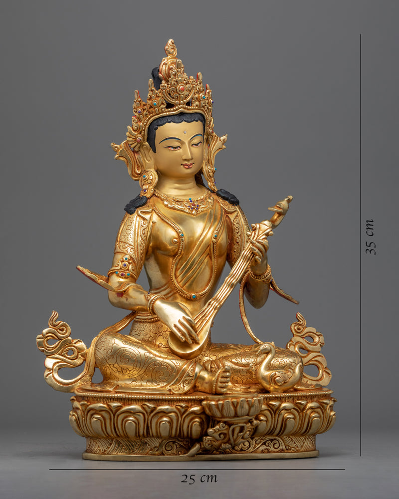 Saraswati Hindu Goddess Statue | Gold Gilded Himalayan Art