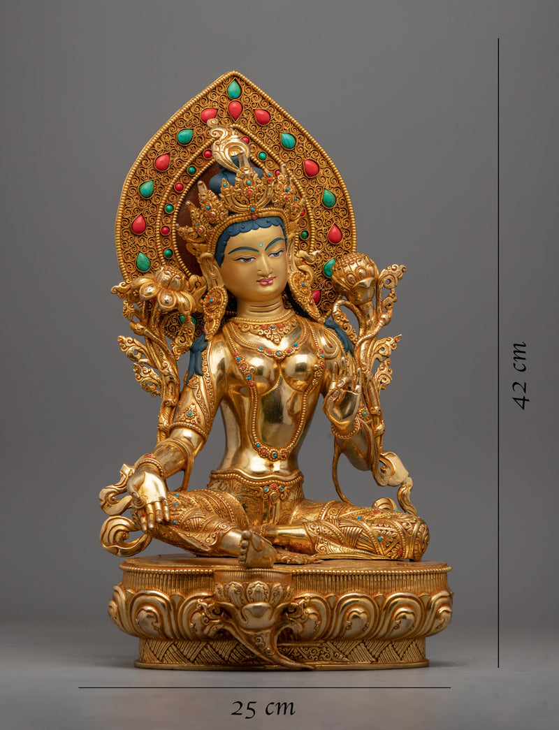 Statue of Buddhist Deity Meditation, Green Tara | Gold-Plated Tibetan Art