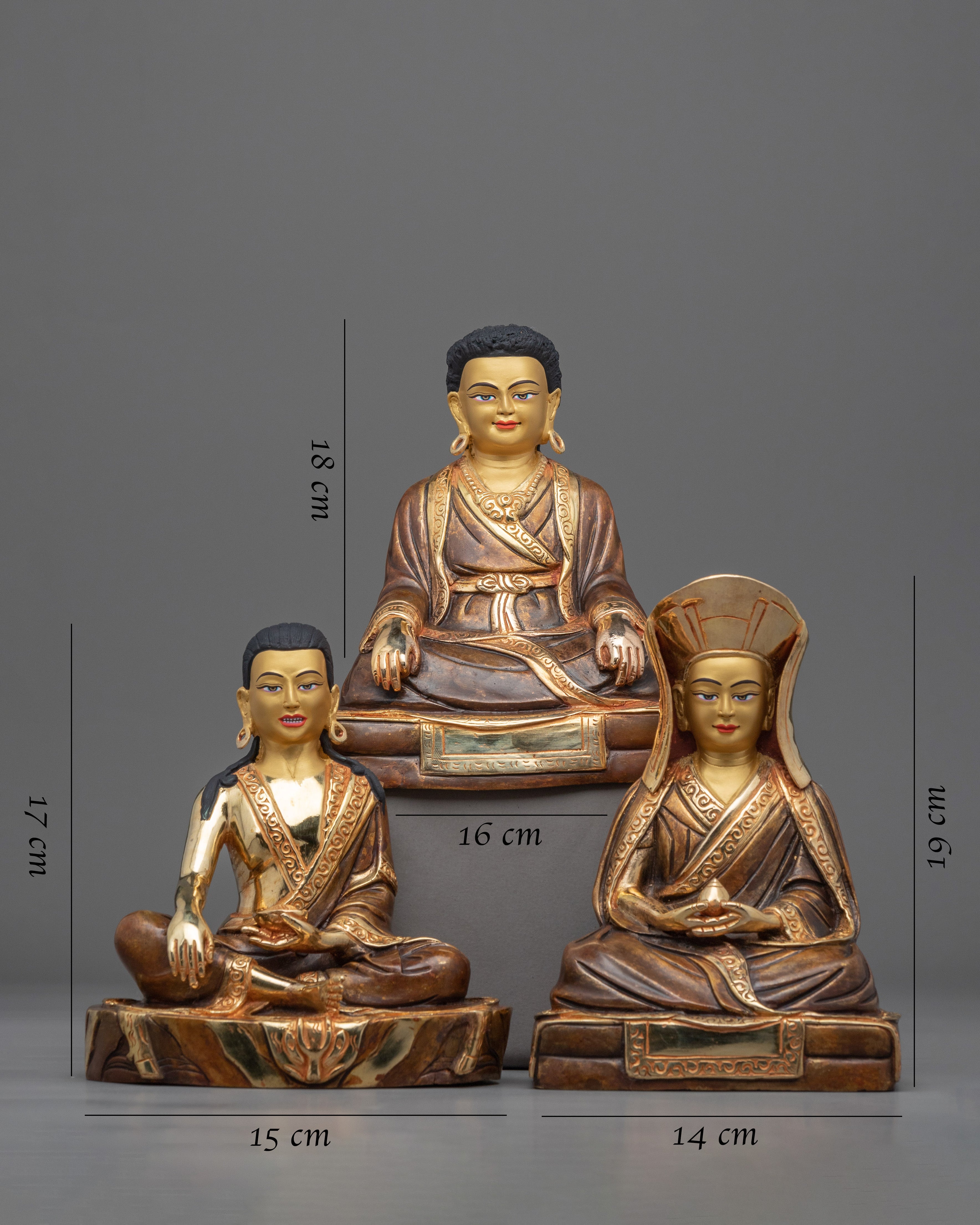 Gold Gilded Buddhist Master Statues Set |  Milarepa, Marpha & Gampopa Statue