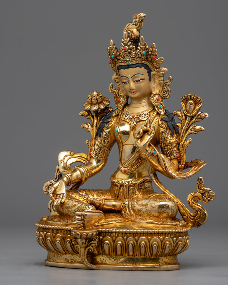 Green Tara, Boddhisattva Wisdom and Compassion Statue | Gold Gilded Buddhist Art
