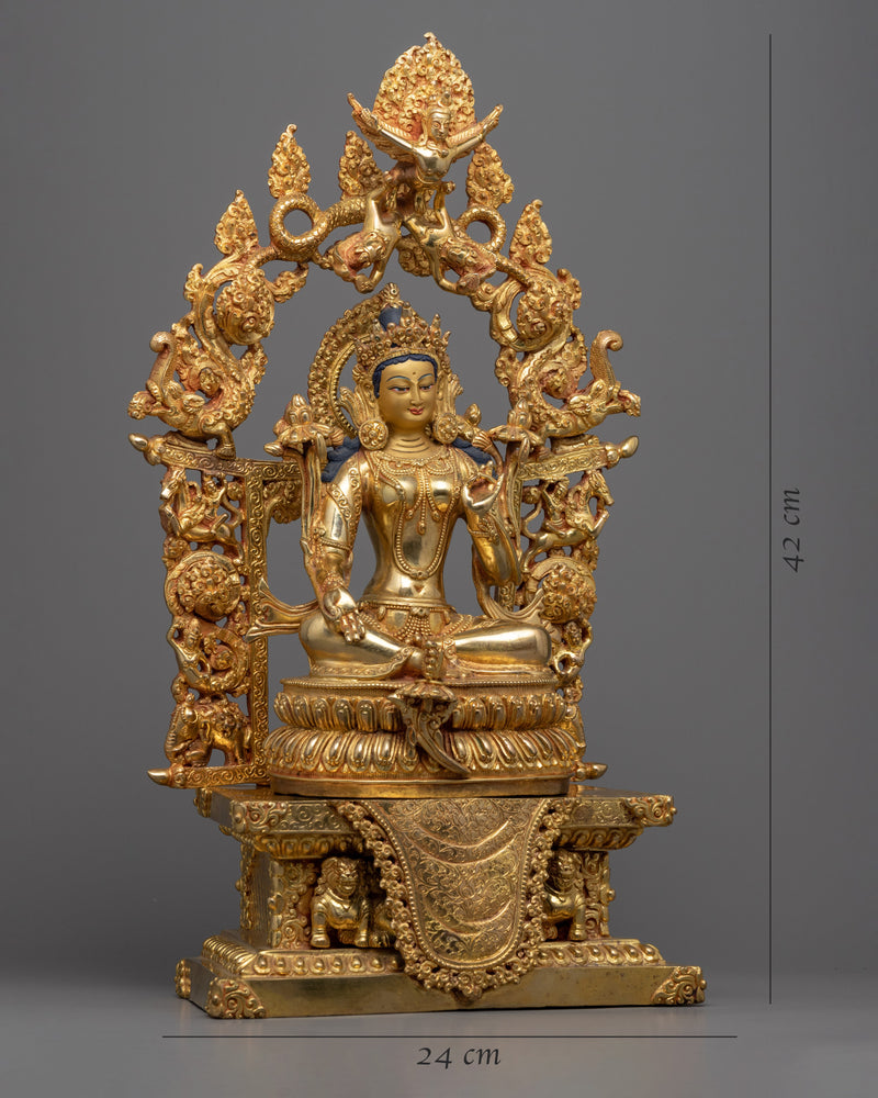 Traditionally Hand Carved Beautiful Green Tara Statue |  Gold-Plated Himalayan Art