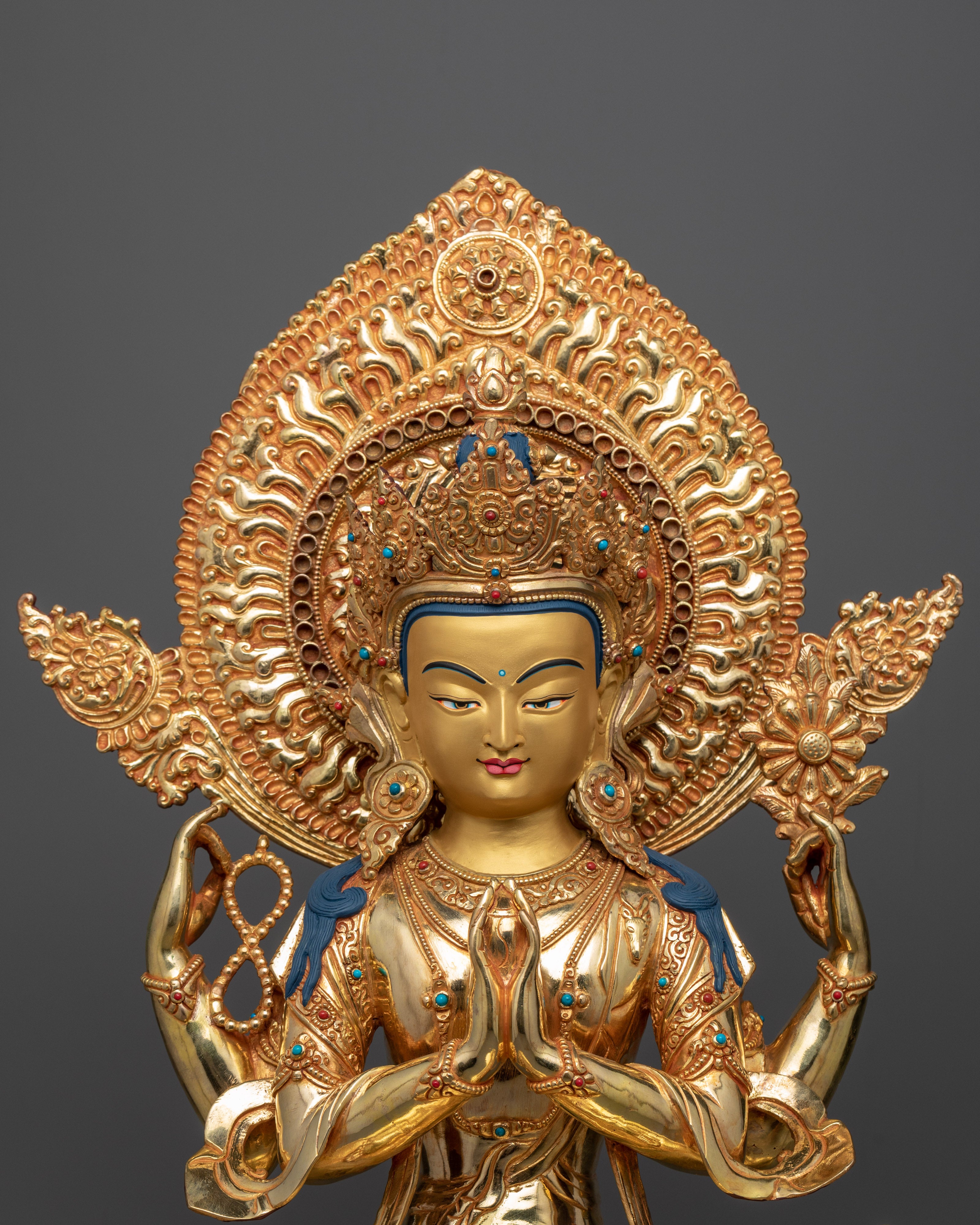Gold Gilded Four Armed Chenrezig Sculpture | Himalayan Buddhist Art