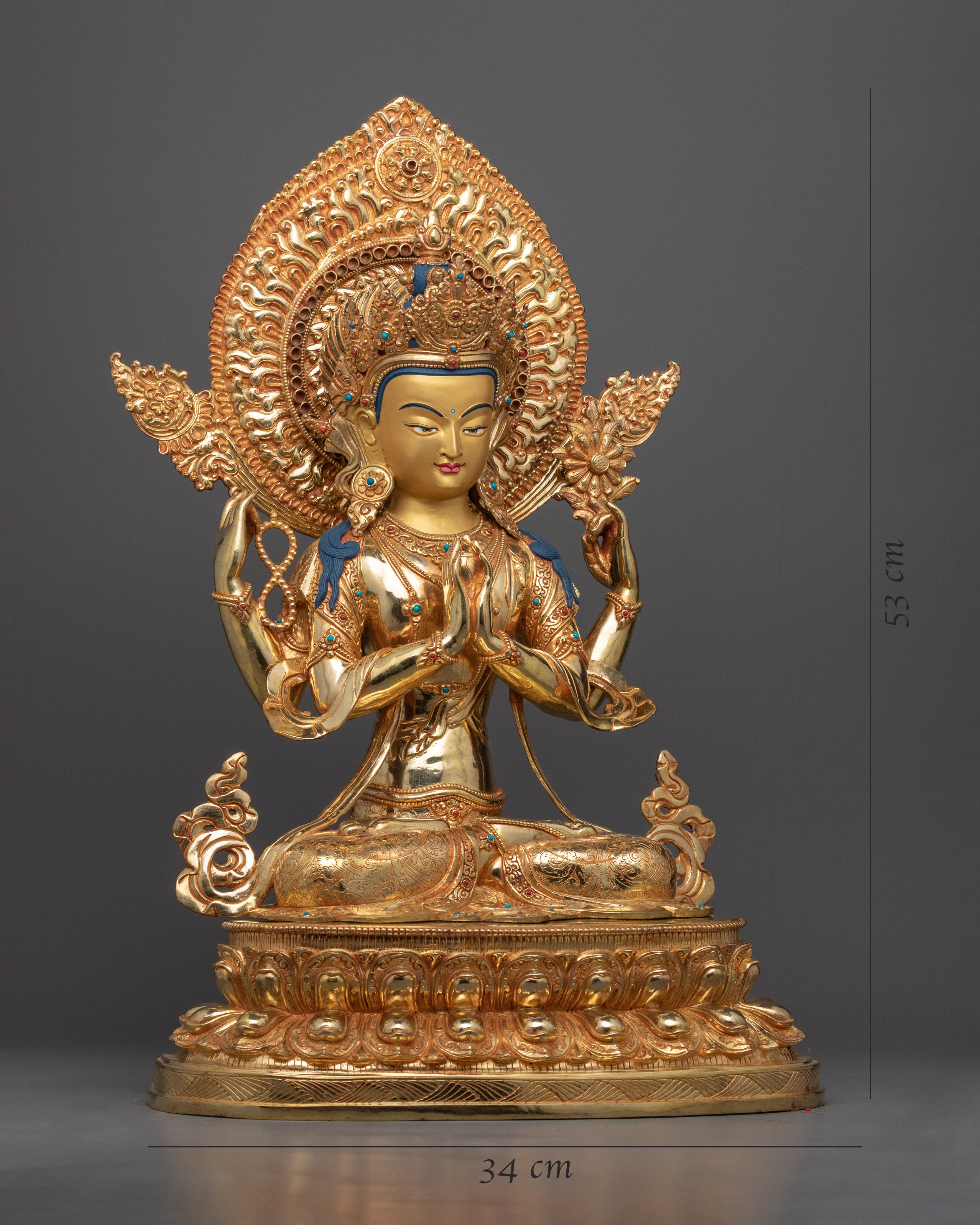 Gold Gilded Four Armed Chenrezig Sculpture | Himalayan Buddhist Art