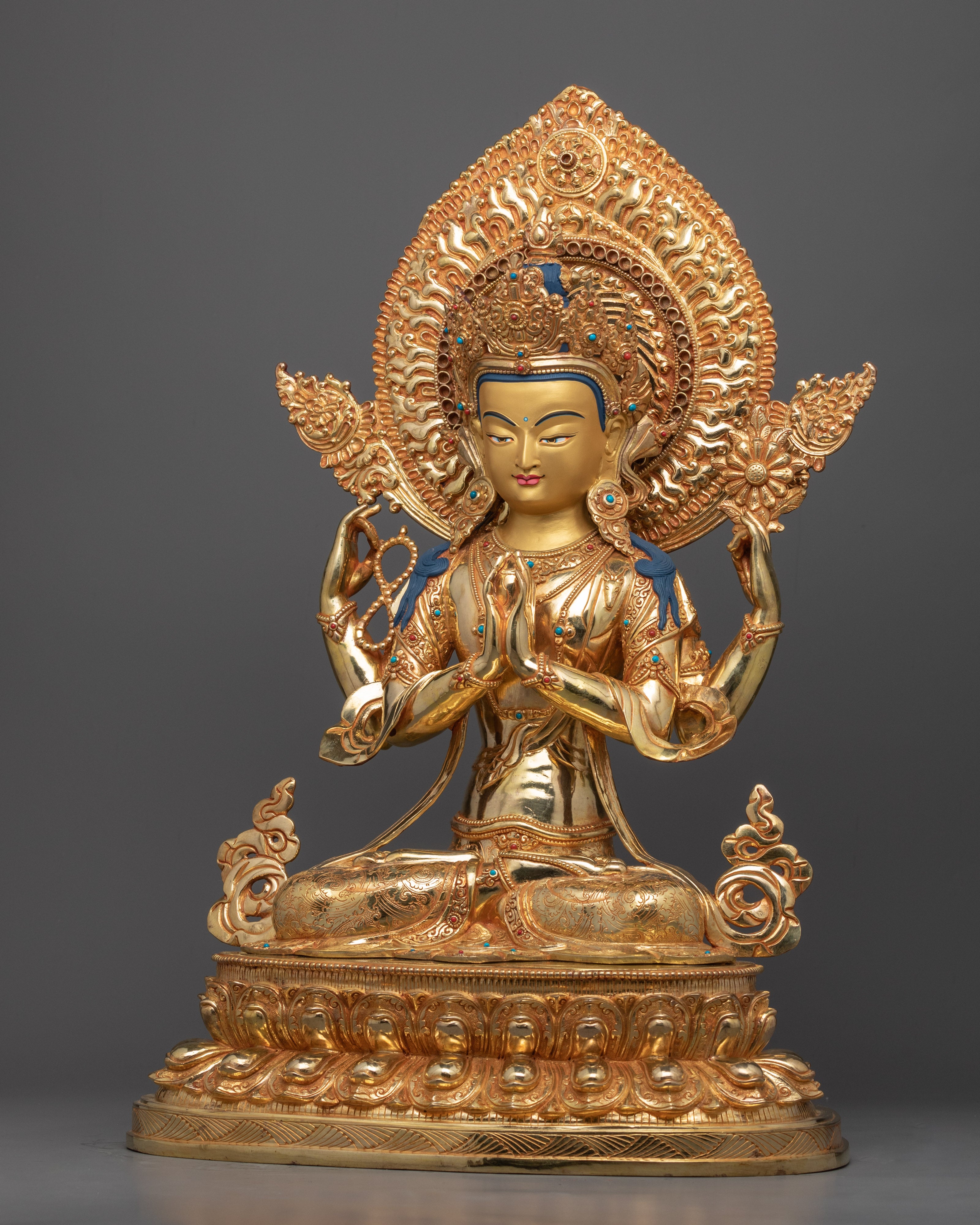 Gold Gilded Four Armed Chenrezig Sculpture | Himalayan Buddhist Art