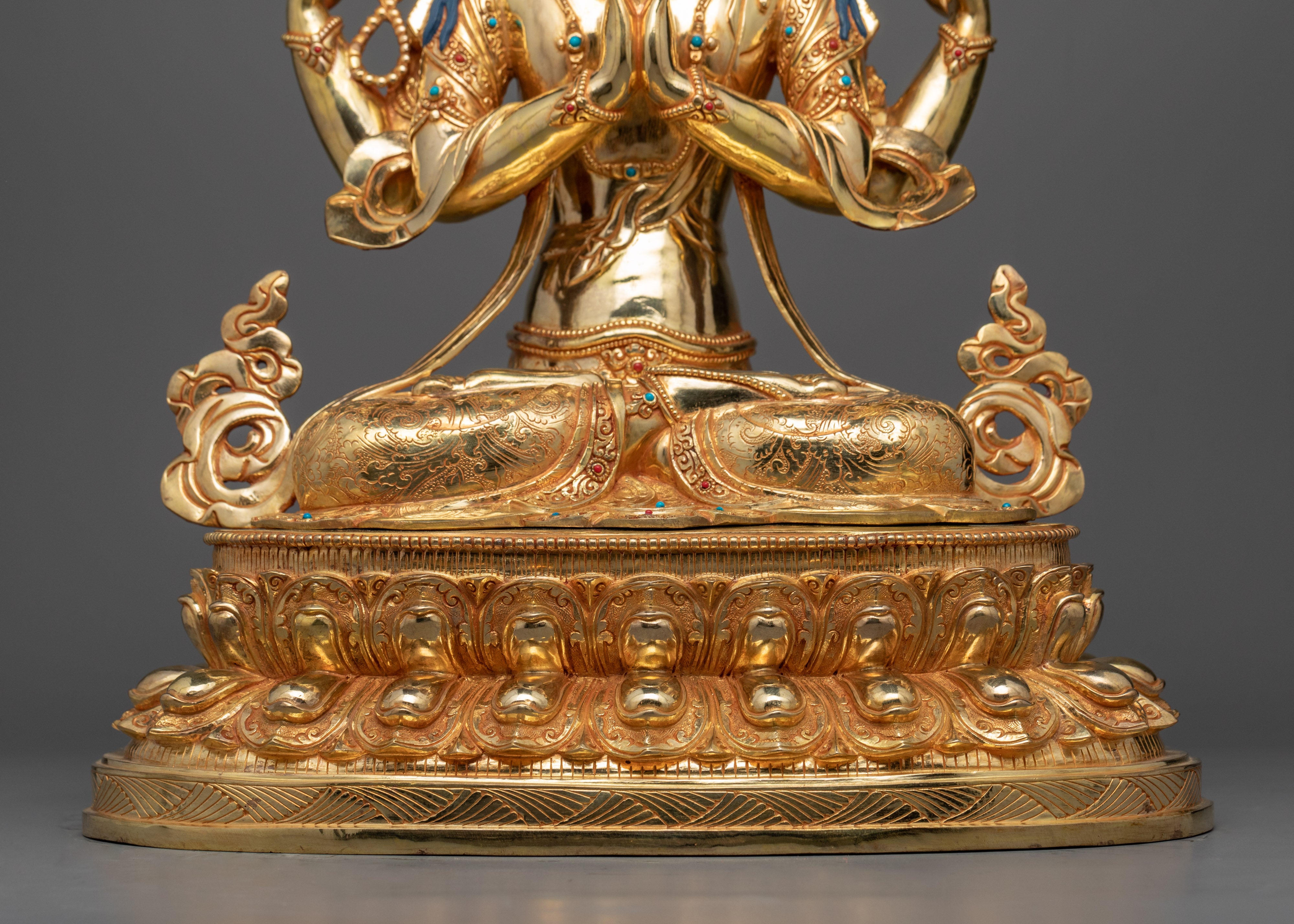 Gold Gilded Four Armed Chenrezig Sculpture | Himalayan Buddhist Art
