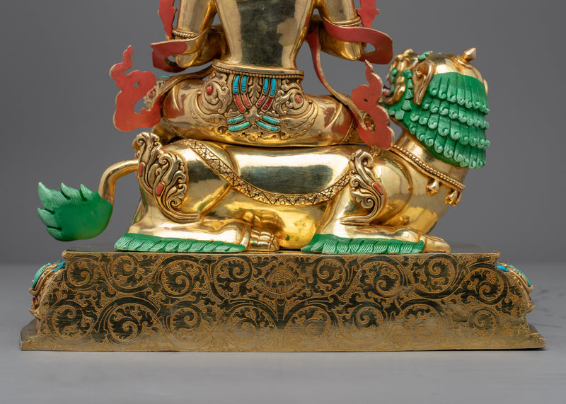 Statue of Bodhisattva Manjushri on Lion | Gold Gilded Buddhist Art
