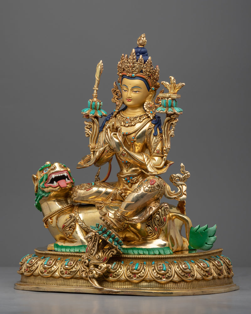 Statue of Bodhisattva Manjushri on Lion | Gold Gilded Buddhist Art
