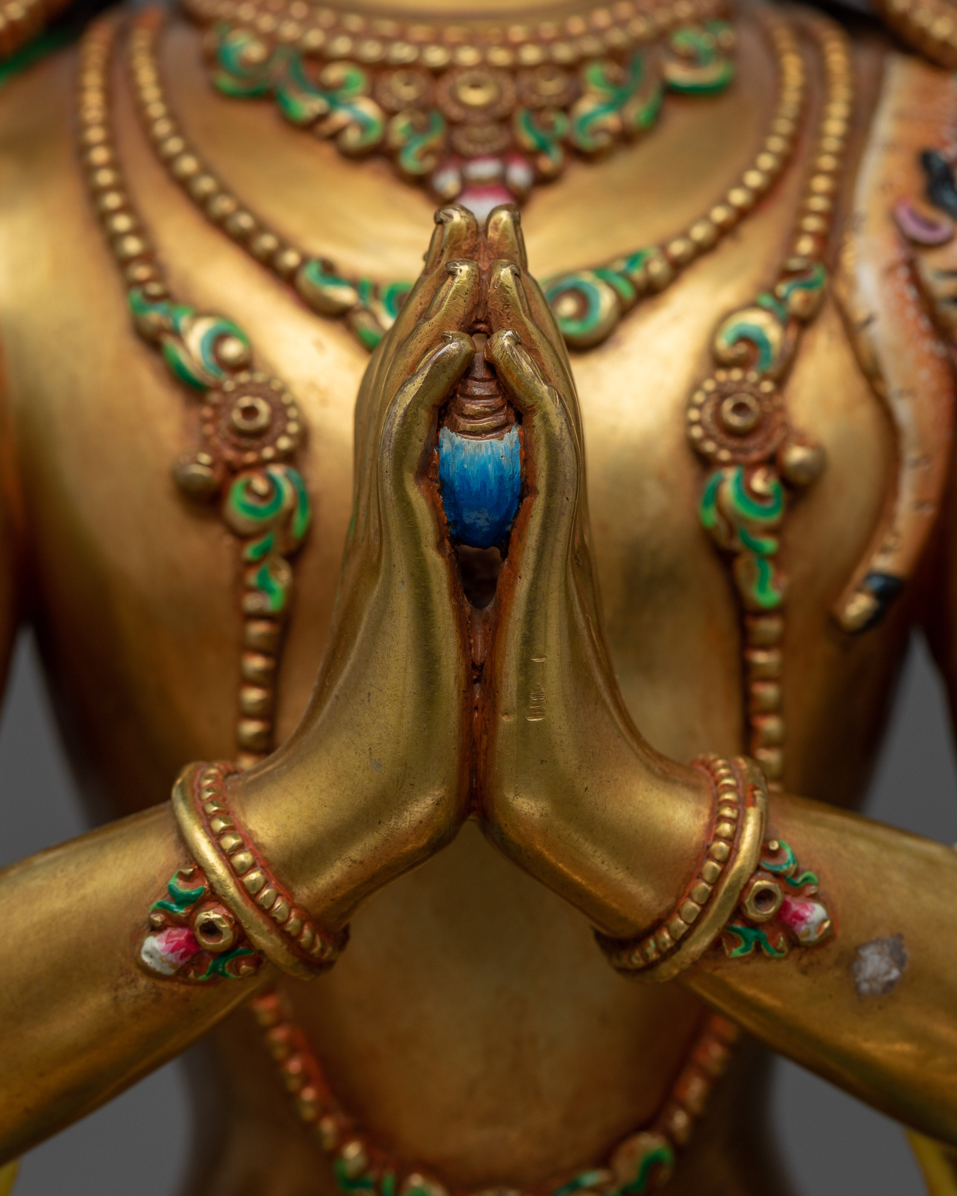 Gold Gilded Statue of 4 Armed Chenrezig |  Hand-Carved Avalokiteshvara Statue